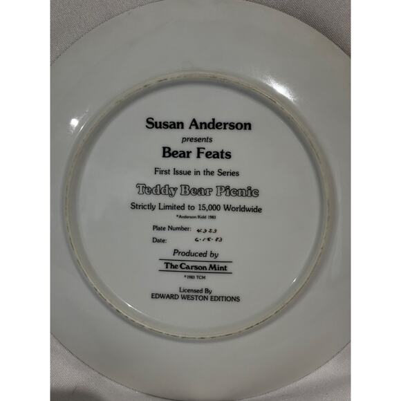Vintage 1983 Susan Anderson's Bear Feats Teddy Bear Picnic Plate decor collector - Picture 5 of 8